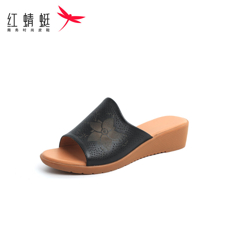 红蜻蜓包头凉鞋女真皮粗跟尖头中跟半拖单鞋百搭女鞋 断码清仓