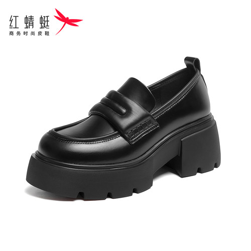 红蜻蜓女鞋秋冬鞋子粗跟休闲皮鞋