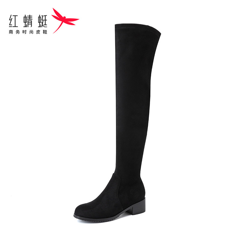 红蜻蜓长靴套筒圆头厚底长筒靴子女秋冬季新款粗跟过膝靴断码清仓