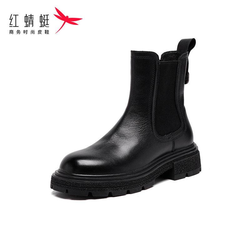 红蜻蜓女鞋冬季新款时尚百搭精致小圆头粗跟时装短靴单靴断码清仓