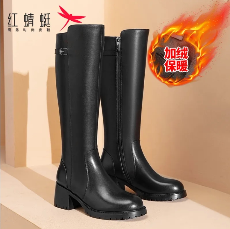 红蜻蜓女靴冬季真皮骑士靴女士
