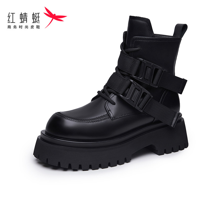 红蜻蜓定制MP马丁靴女秋冬厚底英伦加绒短靴休闲皮靴瘦瘦靴机车靴