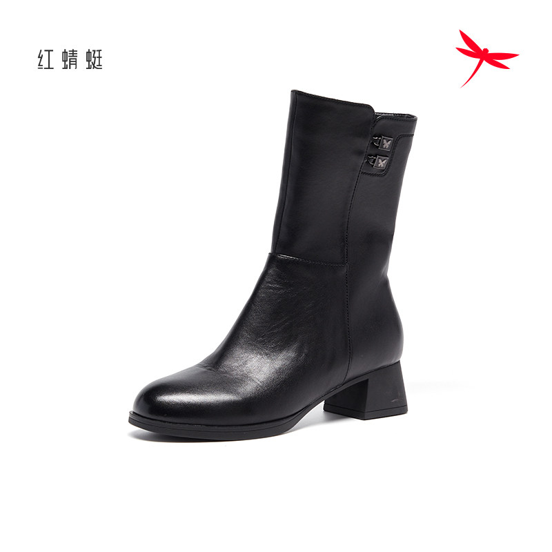 红蜻蜓中筒女士短靴秋冬款加绒保暖粗高跟妈妈棉鞋真皮靴断码清仓