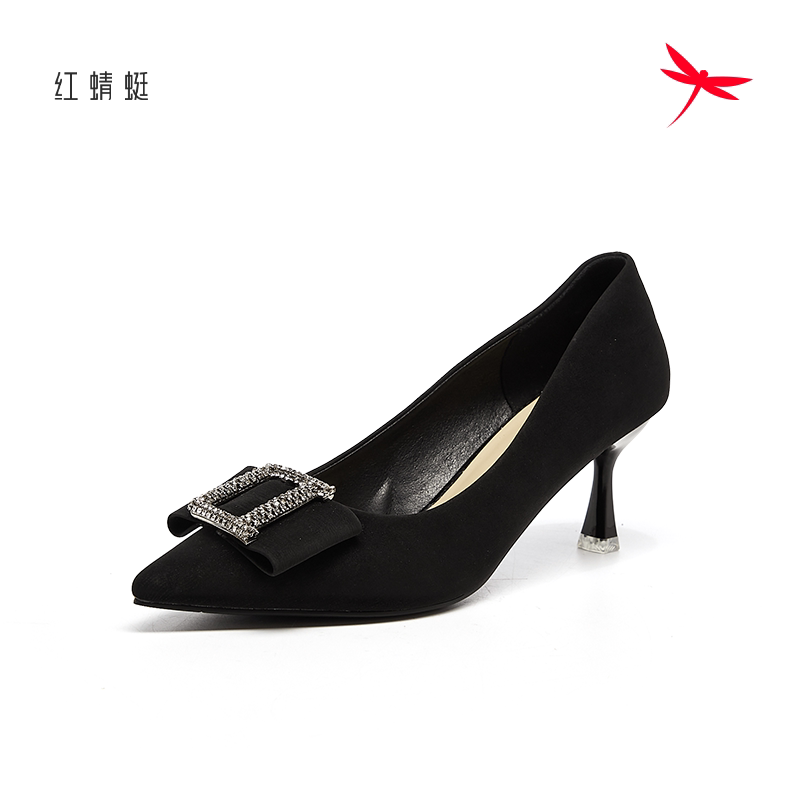 红蜻蜓粗跟法式正品女鞋子高跟春秋新款小皮鞋一字扣单鞋断码清仓