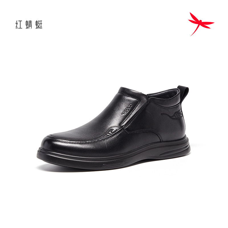 红蜻蜓棉皮鞋男新款真皮厚底商务加绒保暖高帮休闲皮鞋男断码清仓