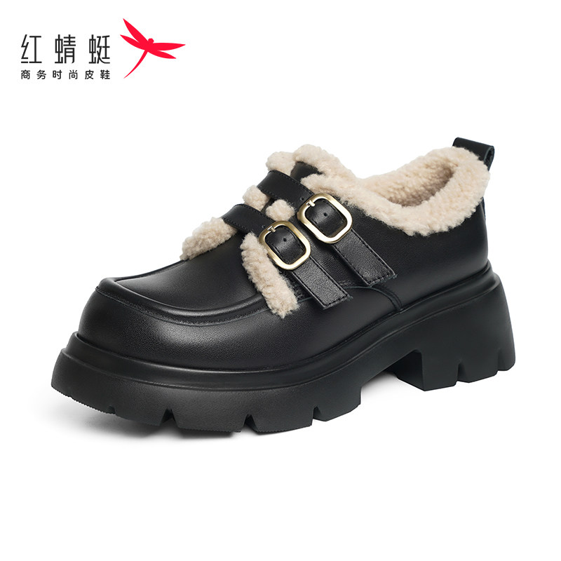 红蜻蜓加绒厚底乐福鞋女新款真皮女鞋毛毛单鞋黑色小皮鞋断码清仓
