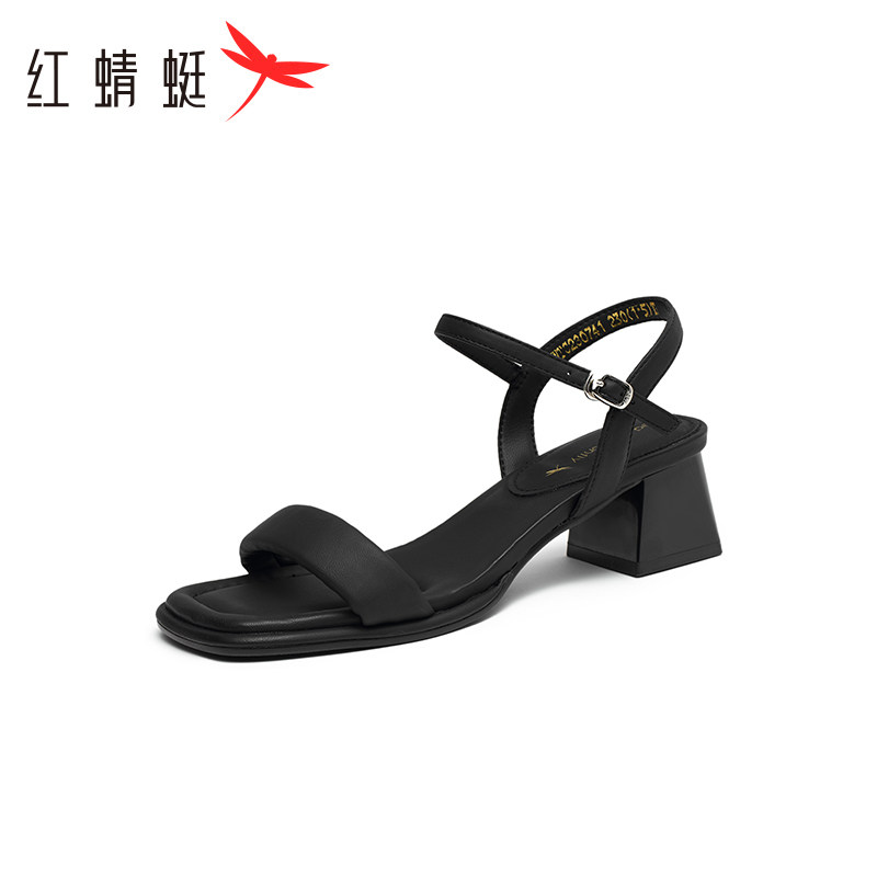 红蜻蜓凉鞋女夏季一字带高跟鞋女款通勤粗跟女士露趾凉鞋断码清仓