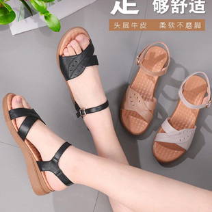 全牛皮女鞋夏新款凉鞋平底坡跟鞋舒适真皮软底凉鞋中年大码凉鞋