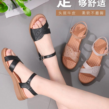 全牛皮女鞋夏新款凉鞋平底坡跟鞋舒适真皮软底凉鞋中年大码凉鞋