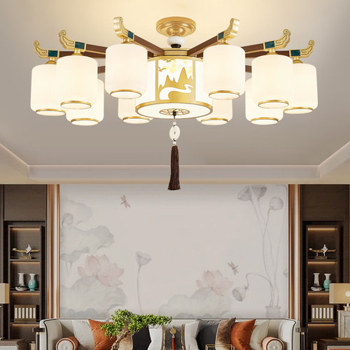 吊灯新中式铁艺木色吸吊两用