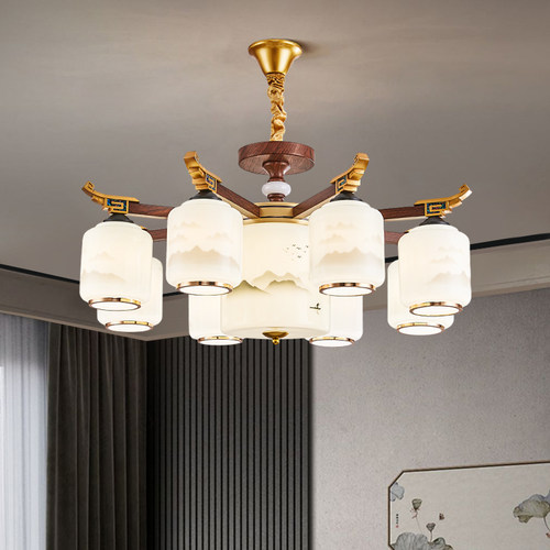 中国风禅意铝材胡桃木餐厅吸顶灯