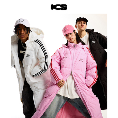 ICONSLAB插肩织带可拆卸连帽长款羽绒服90白鸭绒保暖羽绒外套冬季