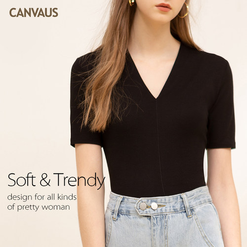 时尚棉质V领半袖修身T恤女