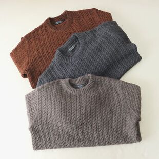 男款大码 外贸出口尾货日系复古麻花扭花粗毛线厚实纯色圆领毛衣