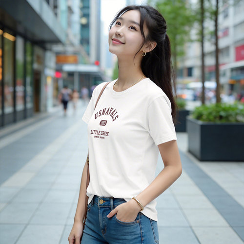 美式白色短袖字母T恤女显瘦