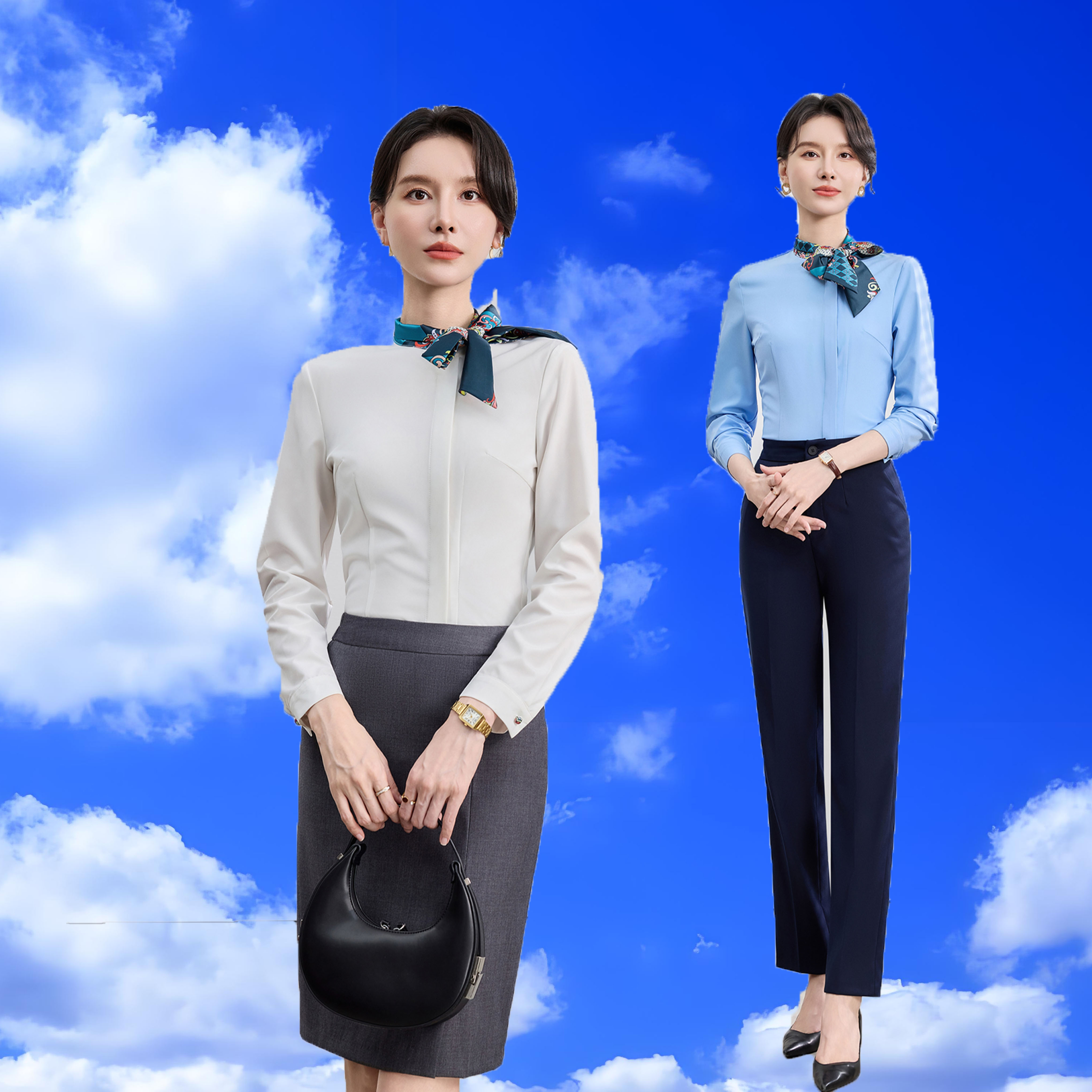 丝巾领职业衬衫女长袖白色空姐制服蝴蝶结酒店餐饮服务员工作服