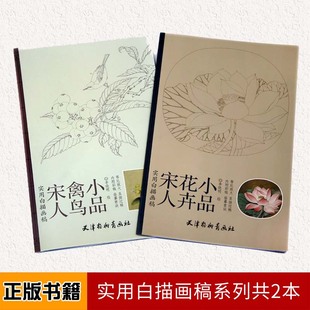 天津杨柳青画社 内附彩稿 实用白描画稿系列共2本 直接过稿 等比放大 鸟画白描作品集 李晓明 宋人花卉小品 宋人禽鸟小品 包邮 正版