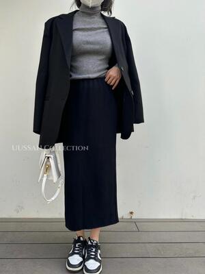 「UUSSAN」独家开模针织半身裙欧美风高腰长版直筒遮胯显瘦黑