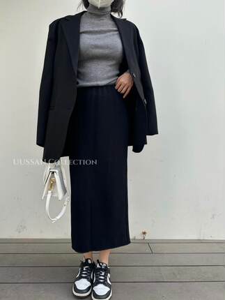 「UUSSAN」独家开模针织半身裙欧美风高腰长版直筒遮胯显瘦黑