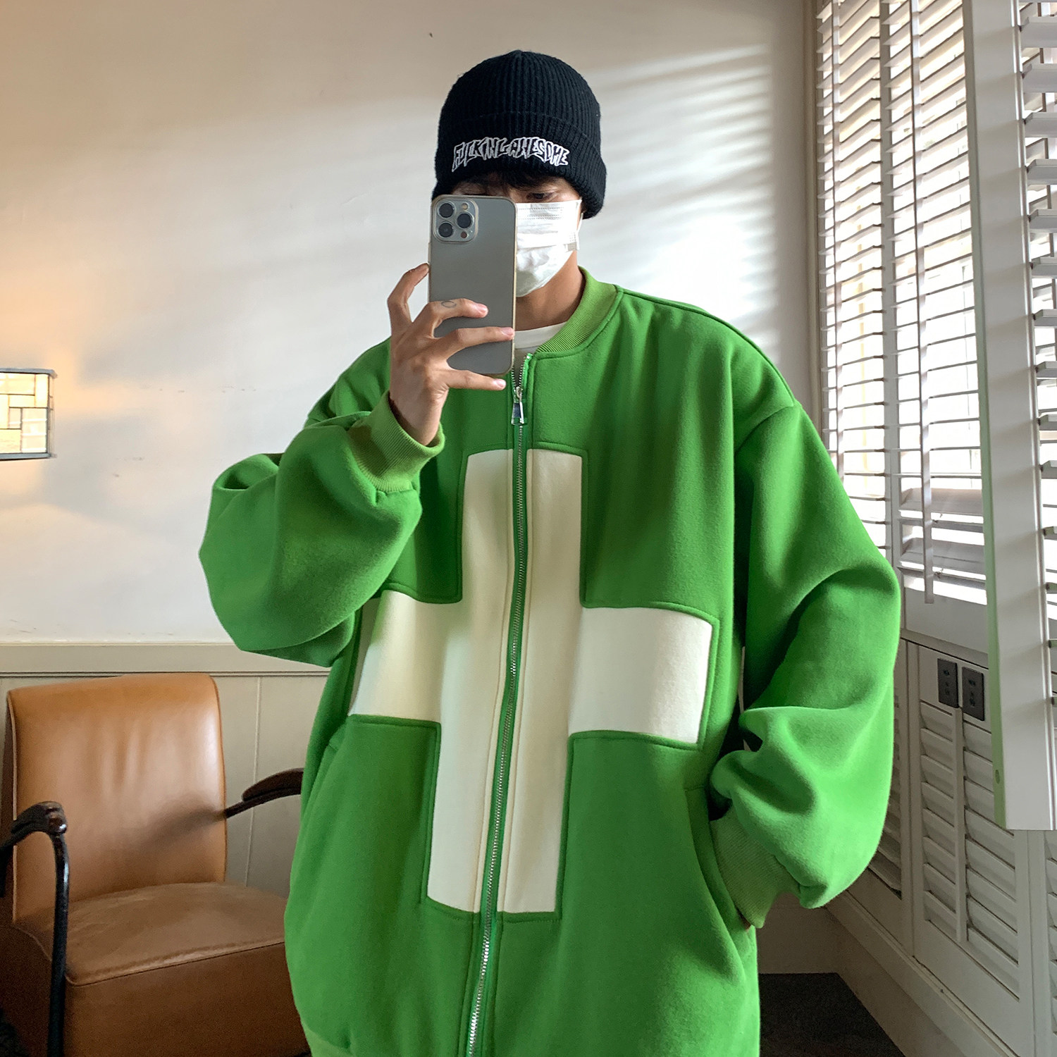 2022拼接撞色棒球服十字架元素开衫卫衣外套夹克潮 D220 P68男类图片