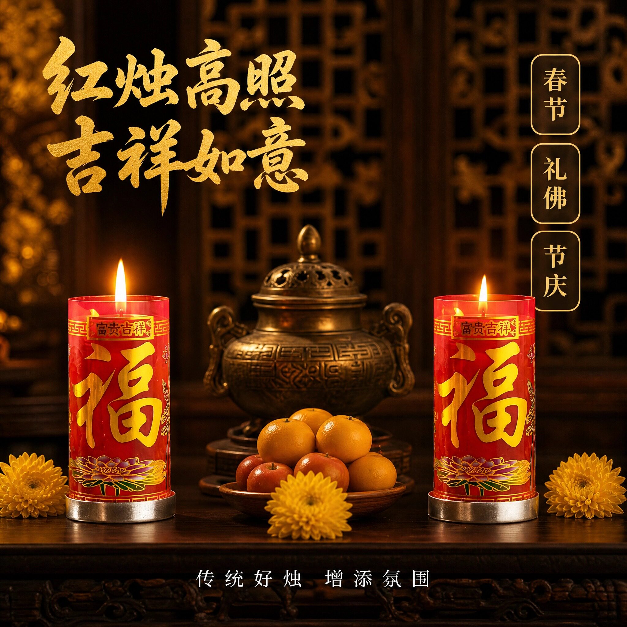 福字红色圆柱防风供佛蜡烛