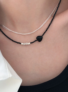S925纯银黑玛瑙爱心碎银颈链