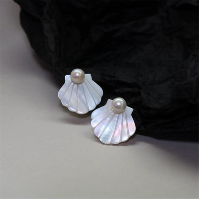 S925纯银天然白贝壳耳环