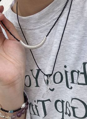 天然黑尖晶999足银弯管男女项链