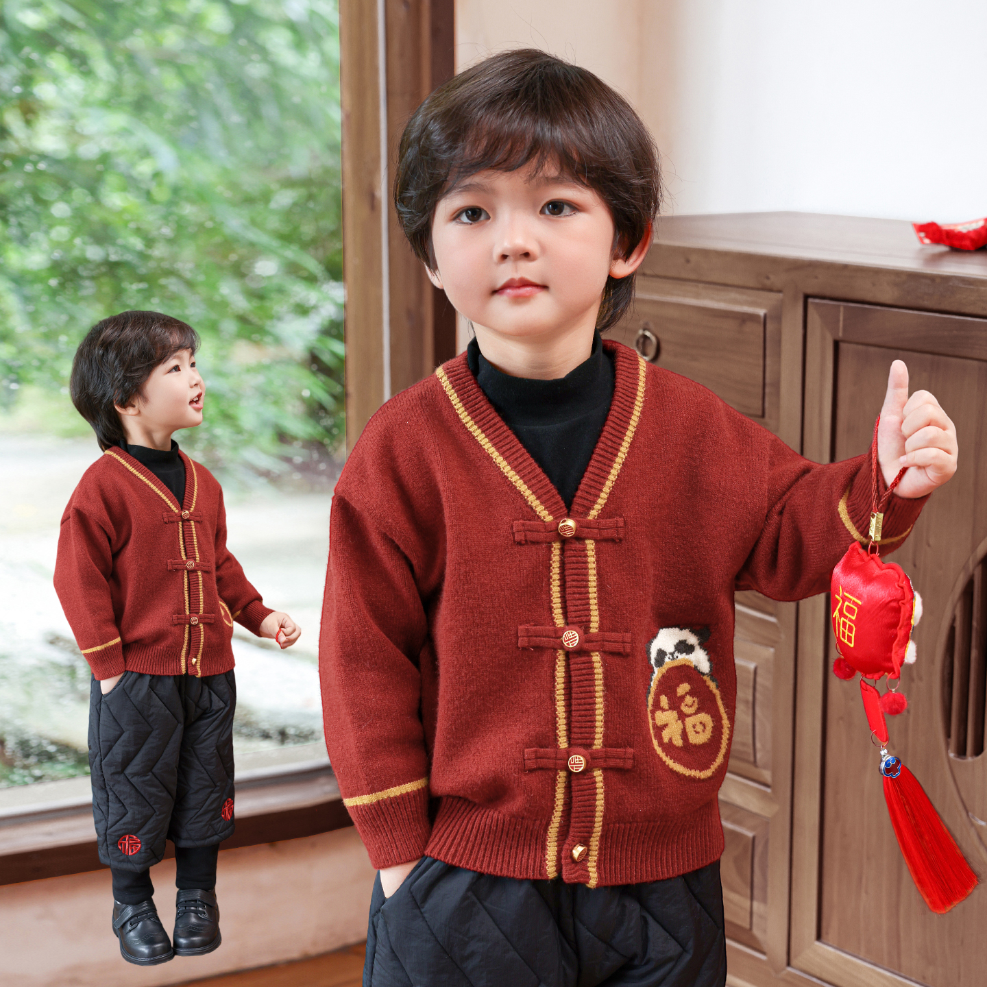 男童新中式毛衣开衫红色拜年服