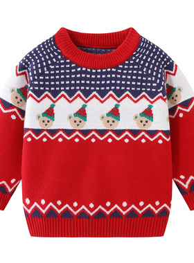 男童圆领毛衣新品秋冬季新款儿童圣诞节日上衣男孩红色毛线衣8089