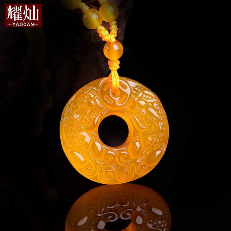 耀灿橘子石水晶吊坠双貔貅吉祥物