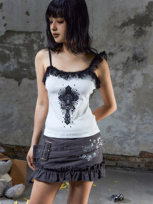 Greedy Angels亚文化辣妹蕾丝吊带背心小众显瘦印花短上衣