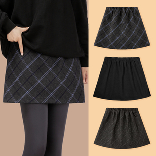 高级格子屁帘女叠穿遮臀下摆卫衣大码短裙打底毛呢a字秋冬半身裙