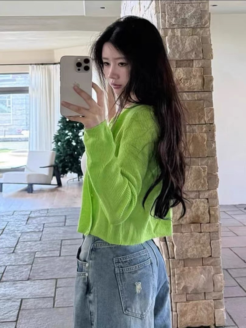法式果绿针织开衫女春季新款小个子温柔减龄气质短款上衣薄款外套