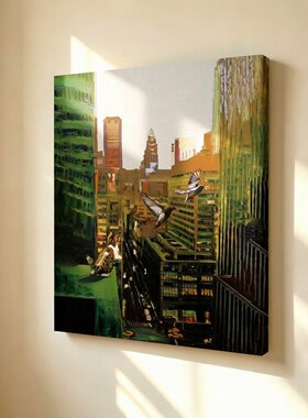 无框画Timothy治愈都市天台狸花猫纽约摩天大楼鸟卧室装饰画挂画