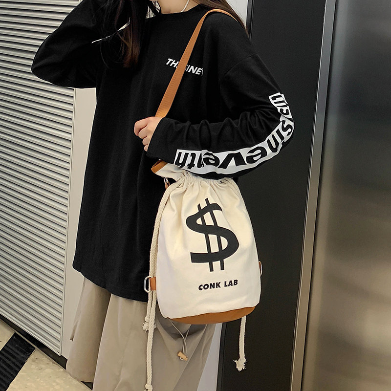 CASUAL CROSSBODY BAG WOMENS PERSONALITY CANVAS BAG MULTIFUNCTIONAL BACKPACK DUAL-PURPOSE DRAWSTRING POCKET SHOULDER BAG INS TIDE BACKPACK