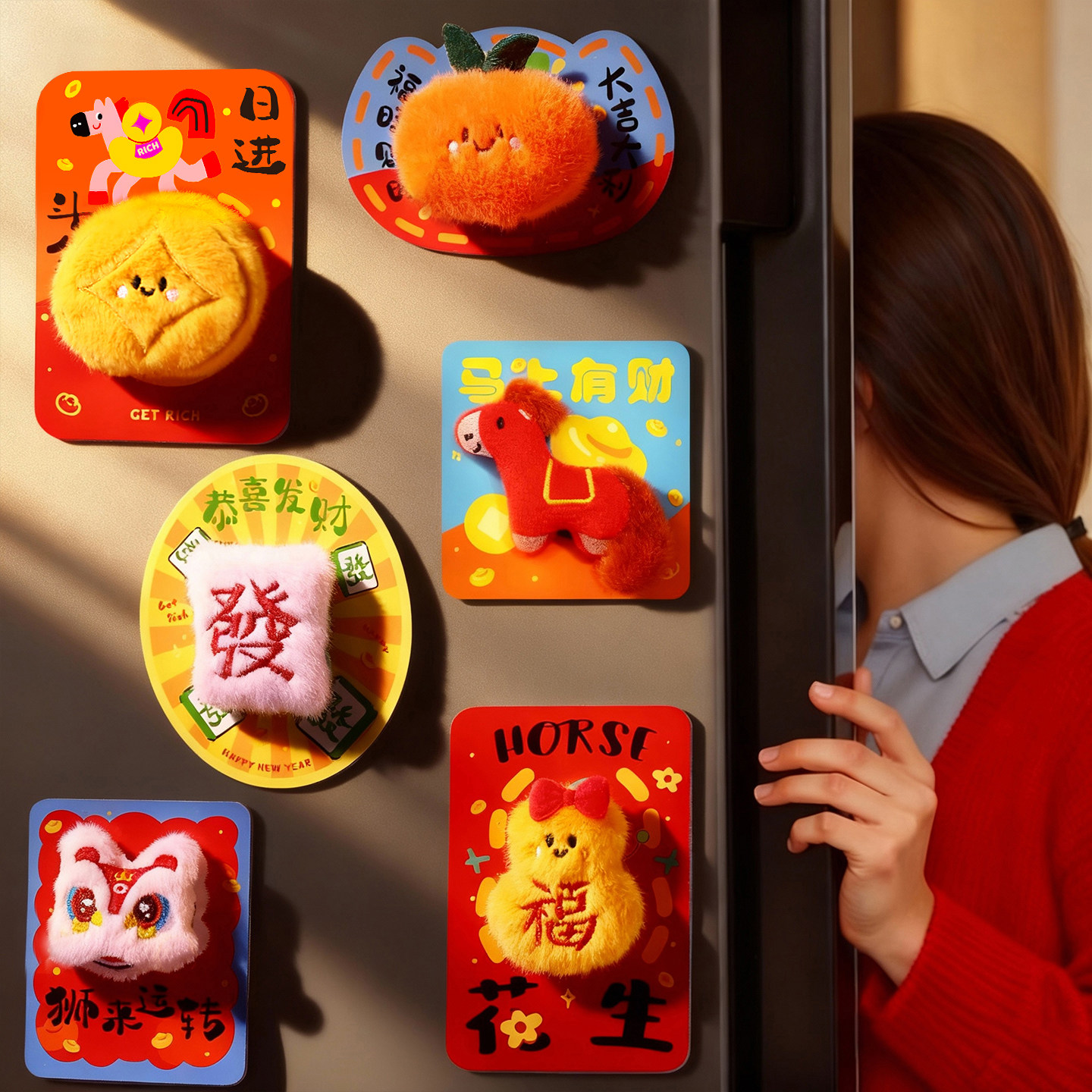 2026新款马年创意文化毛绒磁吸冰箱贴新年过年春节氛围布置装饰品