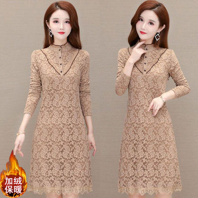 加绒蕾丝连衣裙女2025秋冬新款大码遮肚t恤打底衫显瘦加厚打底裙