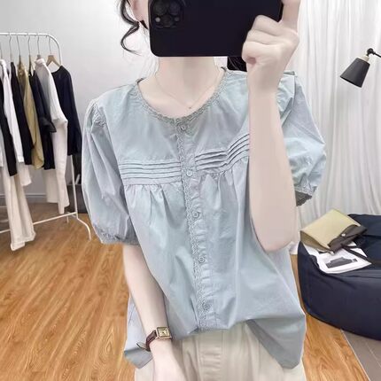 纯棉蕾丝短袖衬衫女2026夏季新款洋气减龄拼接上衣宽松灯笼袖衬衣