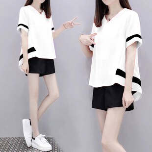 洋气套装女夏季新款宽松大码女装两件套洋气短袖阔腿短裤二件套