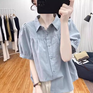 棉麻短袖衬衫女夏季新款polo领百搭上衣设计感小众泡泡袖纯色衬衣