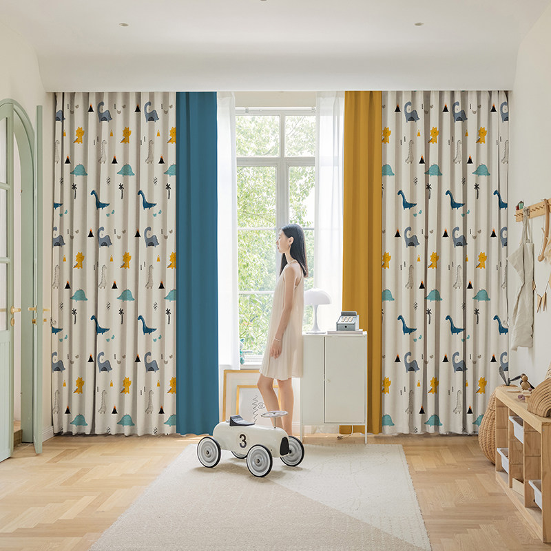 卡通恐龙男孩房间卧室儿童窗帘轻奢现代简约雪尼尔定制全遮光隔热