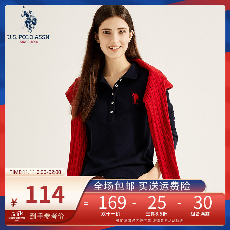 USPOLO ASSN女士秋冬长袖POLO衫纯棉翻领T恤