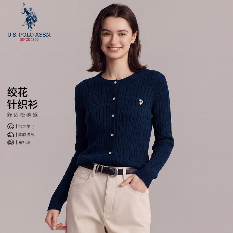 U.S. POLO ASSN.女式长袖针织衫2026秋冬新款圆领绞花显瘦开衫