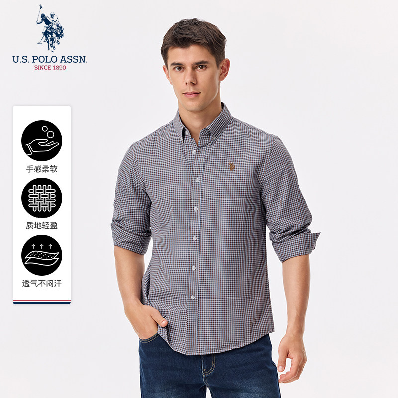 USPA男士衬衫长袖格子衬衣商务休闲透气易打理男装宽松立领外套