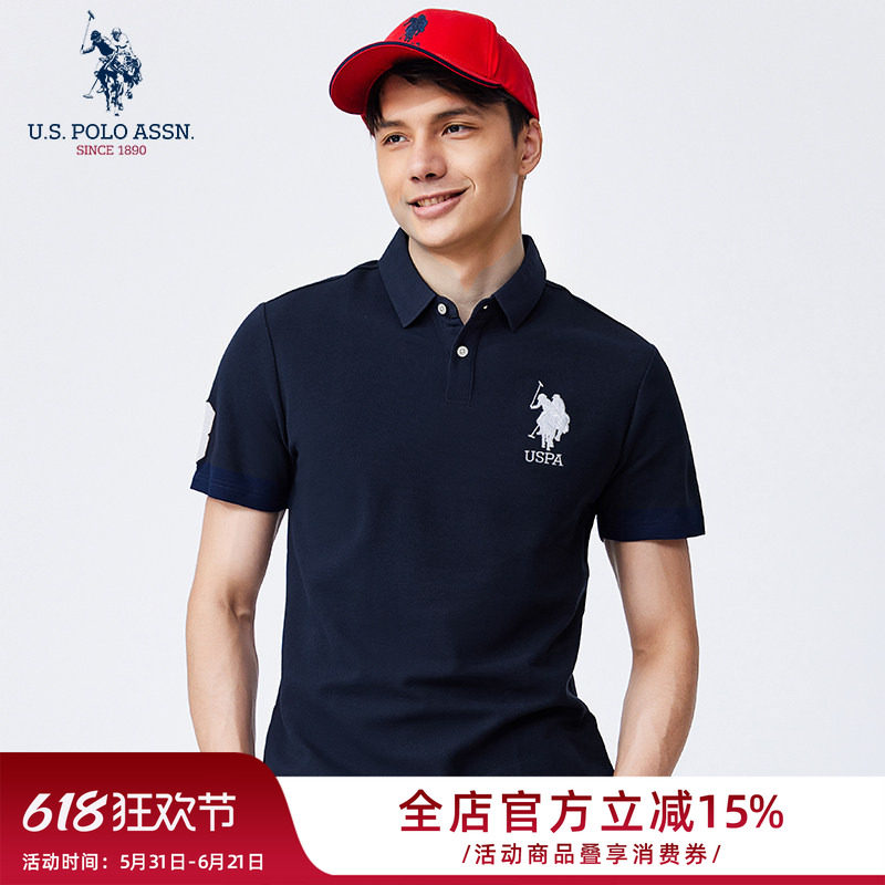 USPA男士翻领T恤短袖polo衫男春秋款棉纯色纯棉Polo领打底体恤衫