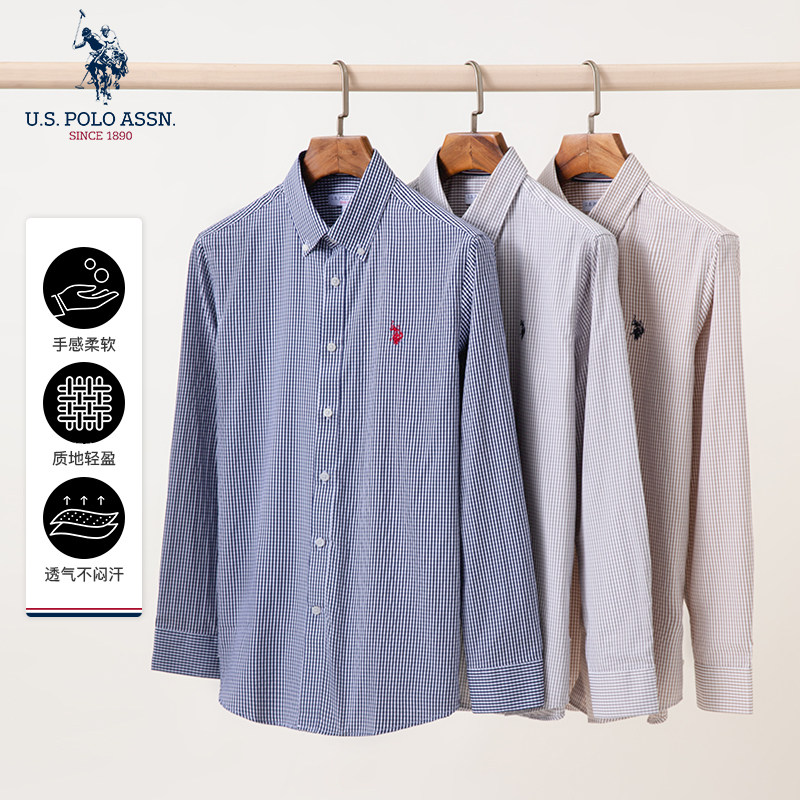 USPA男士衬衫长袖格子保罗衬衣休闲易打理舒适上衣微弹宽松外套