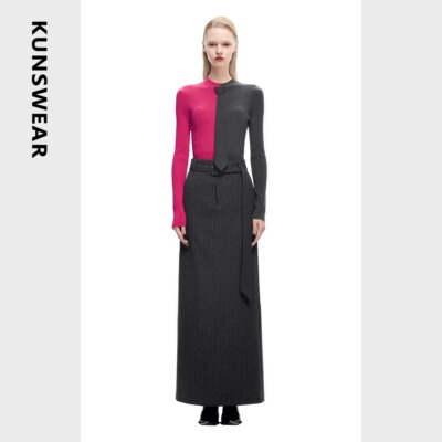 KUNSWEAR/琨丝薇尔25FA 玫红撞色时尚休闲领带长袖上衣 836004310