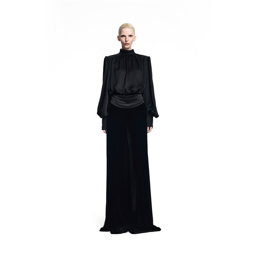 KUNSWEAR/琨丝薇尔26FA 轻奢缎面高领收褶衬衫长袖上衣 846004330