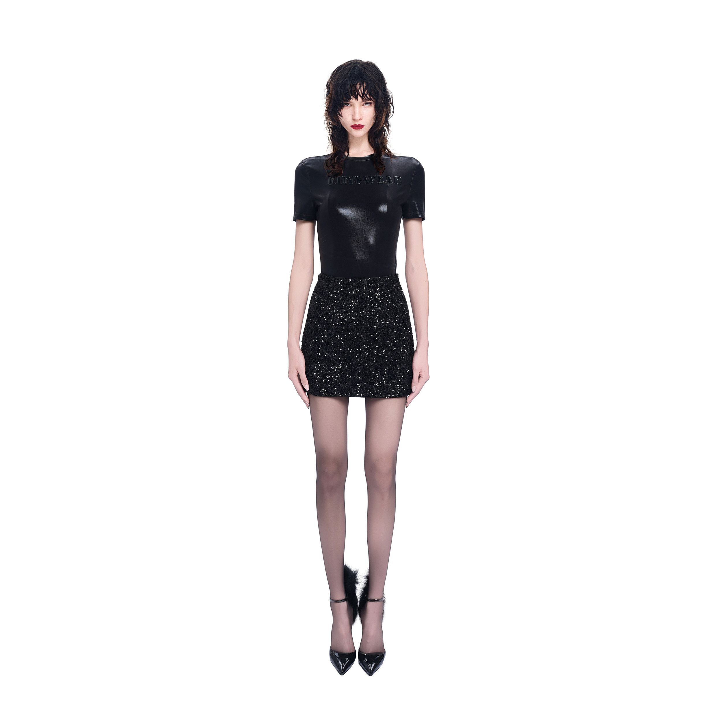 KUNSWEAR/琨丝薇尔26SU 修身字母压印亮面短袖T恤上衣 844004190